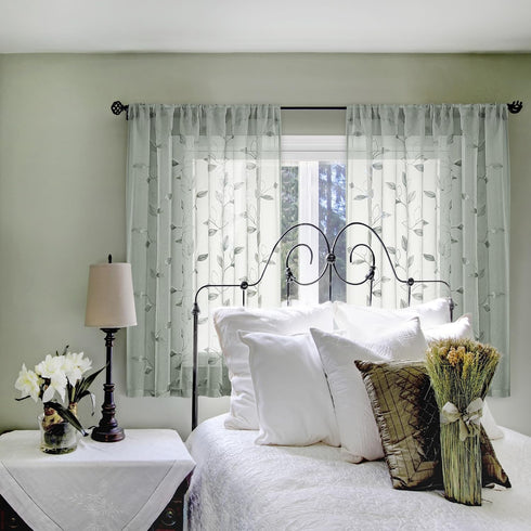 HOMEIDEAS Sage Green Sheer Curtains, 52 x 54 Inch Length, 2 Panels Embroidered Leaf Pattern for Bedroom and Kitchen