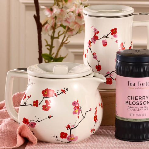 24 oz. Tea Forte Fiore Sakura Cherry Blossom Ceramic Teapot with Removable Stainless Steel Infuser Basket and Lid