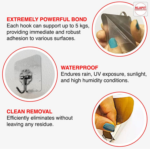 KLAPiT Super Hook, Heavy-Duty Adhesive Wall Hooks, Holds Up to 11 lbs, 4pc