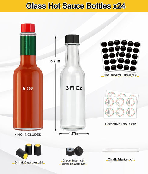 3 oz, 24 Pack GMISUN Mini Hot Sauce Bottles Ginger Shot Bottles with Shrink Capsules, Glass Mini Wine Bottle