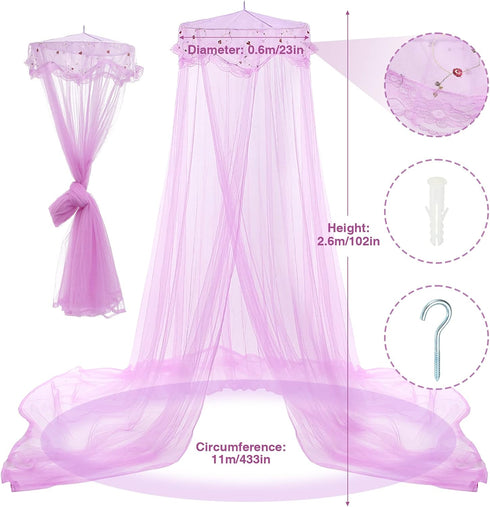 Jeteventy Bed Canopy for Girls, Princess Bed Curtain Net for Single to King Size, Quick Easy Installation (Purple)