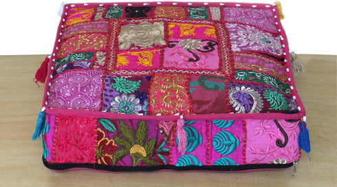 CRAFT KALA Indian Square Patchwork Traditional Pouf Cover Indian Living Room Poufs