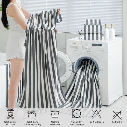 18 Set Loop-6 Towels,6 Towels,6 Set Pcs Gray Stripe Bath Towel with Hanging Bath Hand Washcloths Soft Family Towels