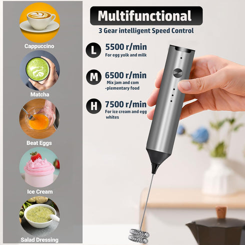 Handheld Electric Milk Frother, Type C Rechargeable Blender, 3 Mixing Speeds, Mini Beverage Blender with 2 Whiskers