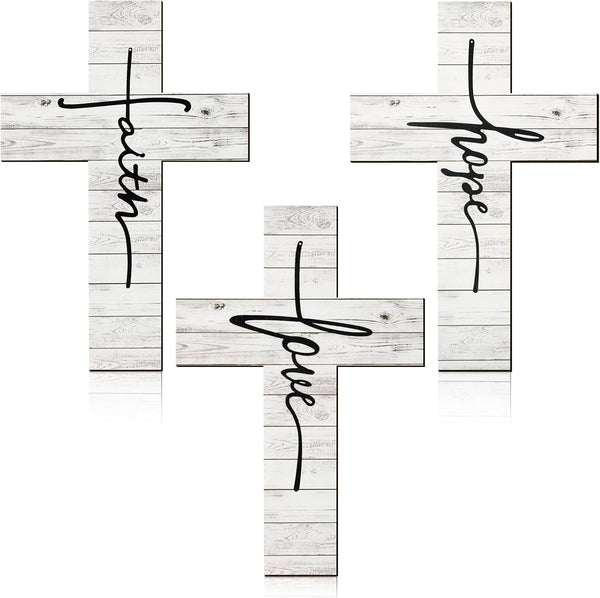 Jetec 3 Pieces Faith Love Hope Cross Sign - Rustic Wood Wall Hanging Decor, 12 x 8 Inch