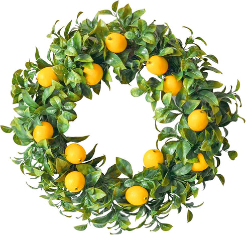 Mr. Bom 15 Inch Artificial Lemon Wreath - Boxwood for Front Door, Spring Summer Holiday Decoration, Indoor Outdoor Use