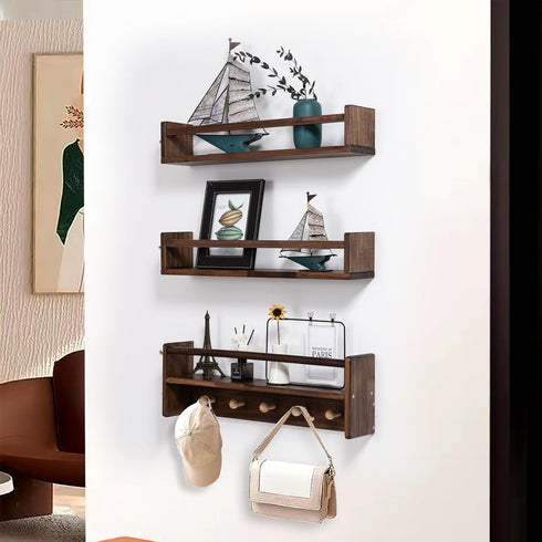 16 Inch Set 3 AZSKY Nursery Book Shelves Wall Floating Bookshelf with Hook Deep Walnut Hanging Book Shelf Toddler Room