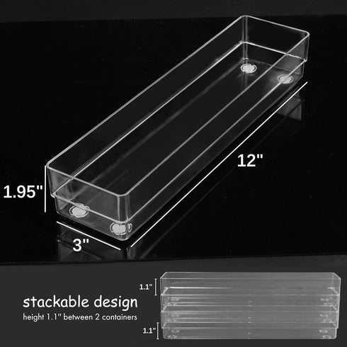 LotFancy Clear Drawer Organizers, Set of 3, 12” x 3” x 2” Plastic Storage Bins for Desk, Bathroom, and Makeup
