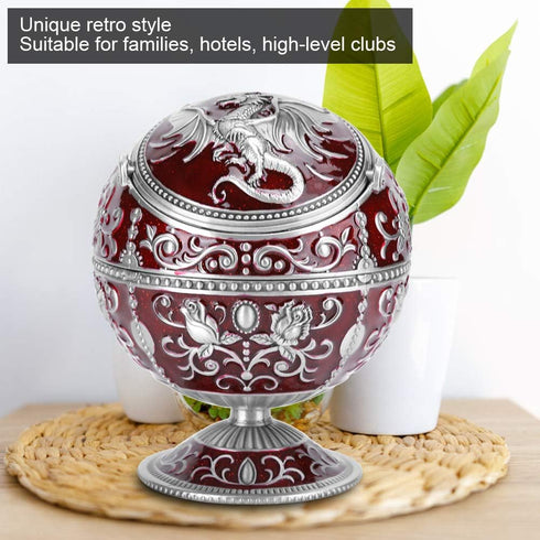 Vintage Windproof Ashtray with Lid, Metal Ball Cigarette Tabletop Ashtray in Wine Red Globe Fly Dragon Shape