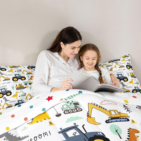 Set Set Kids Excavator Comforter Full, Cartoon Equipment Trucks Bedding for Boys Girls Children, Dinosaur Duvet Insert