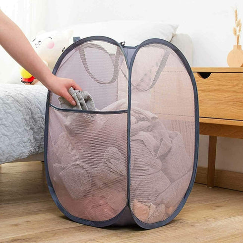 Larpur 2 Pcs Popup Mesh Laundry Baskets, Collapsible Portable Clothes Hampers with Reinforced Carry Handles, Gray