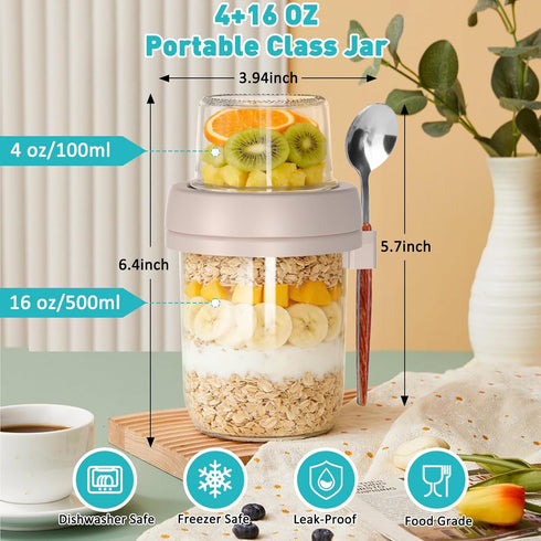4 Pack 20 oz (16+4) Overnight Oats Containers with Lids and Spoons, Overnight Oats Jars, Glass Mason Jars with Dry
