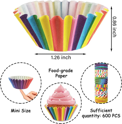 Mini Cupcake Muffin Liners - 600 Count Rainbow Paper Cupcake Liners for Baking, Small Muffin Cups Candy Wrappers, Colorful Tiny Cake Mold Chocolate Making Supplies for Birthday Wedding Party