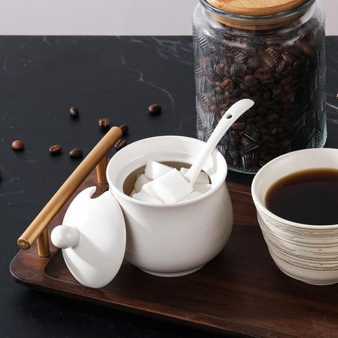 TkoYuHm 7oz Farmhouse White Ceramic Sugar Bowl with Lid and Spoon Salt Container Jar for Coffee Table Porcelain
