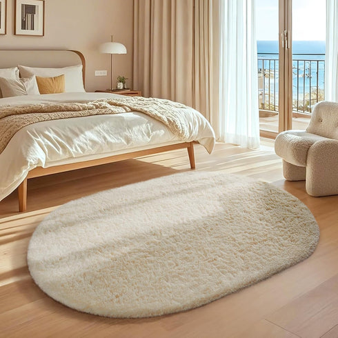 4x6 Ophanie Oval Ivory Rugs for Bedroom Living Room, Fluffy Fuzzy Furry Carpet, Plush Soft Shaggy Bedside Indoor Floor