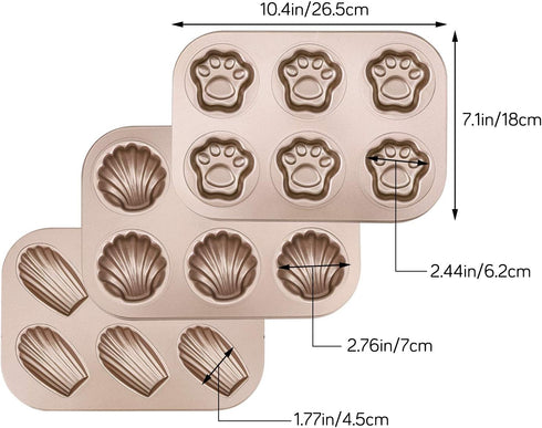 Beasea 3 Pack Madeleine Pans, 10x7 Inch 6 Cavity Nonstick Cat Shaped Cake Cookies Pan Carbon Steel Madeleine Mold Shell Madeline Pan by Beasea