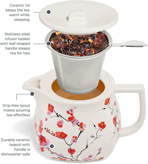 24 oz. Tea Forte Fiore Sakura Cherry Blossom Ceramic Teapot with Removable Stainless Steel Infuser Basket and Lid