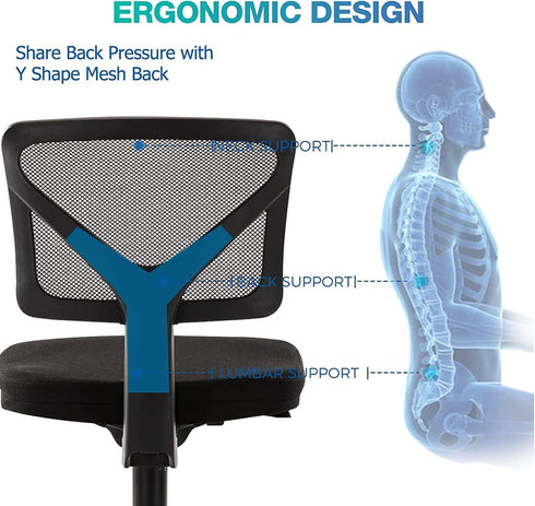 AFO Small Desk Chair, Armless with Ergonomic Lumbar Support, Adjustable Height, 360 Degree Swivel