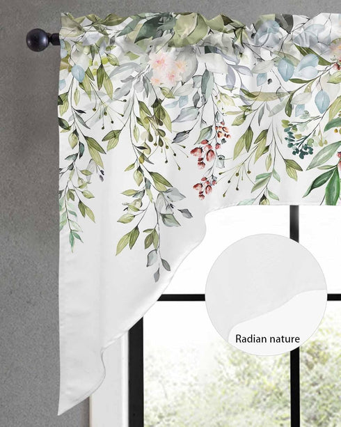 Watercolor Spring Floral Swag Valances for Kitchen Window, Eucalyptus Leaves Flowers Drapes 56x36 Inch