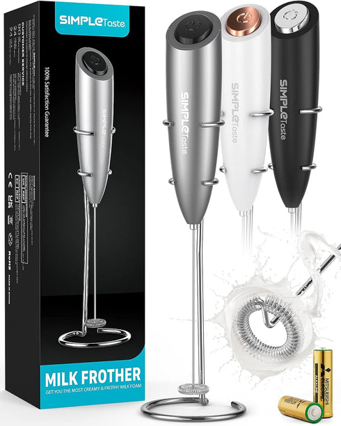 SIMPLETaste Milk Frother Handheld Electric Foam Maker | Drink Mixer with Stainless Steel Whisk and Stand