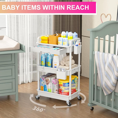 3 2 Goovilla Tier Rolling Utility Cart Organizer with Removable Drawer, Stable and Sturdy White Rolling Storage Carts