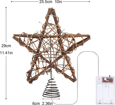 LAWOHO 10-inch Rustic Brown Rattan Christmas Tree Topper Star with 10 Warm White Lights and Timer Functions