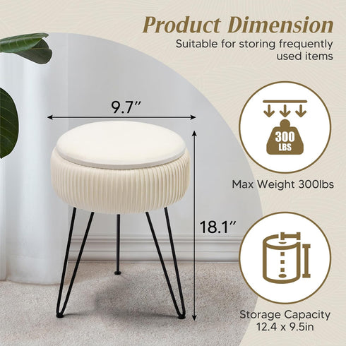 Velvet Vanity Stool with Storage, Round Ottoman Vanity Chairs with Anti-Slip Feet, Dressing Table Seat Foot Stool
