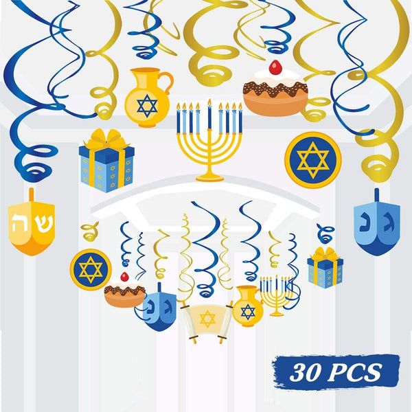 30PCS Hanukkah Decorations Hanging Swirls, Holiday Chanukah Party Supplies Ceiling Decor