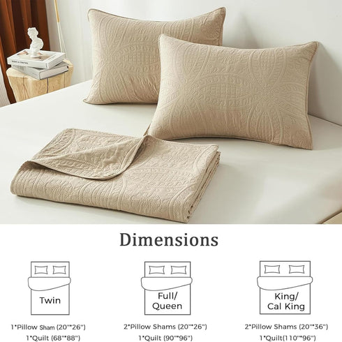Set,Beige Set,Lightweight Seasons,3 Piece(1 Quilt,2 akkialla King Quilt Bedding Ultrasonic King/Cal King Quilt Soft