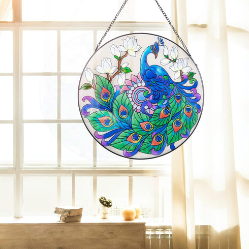 MUMTOP Stained Glass Window Hanging Suncatcher, Peacock Design Hand-Painted Glass Panel Home Decor, 12 Inch