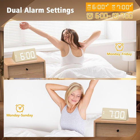fomobest Dimmable, Snooze, Wooden Digital Alarm Clock with Dual USB Charging Ports, DST, Modern Large Time Display LED