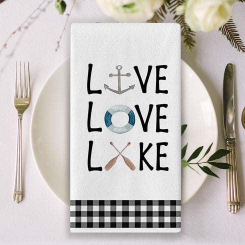 Seliem Live Love Lake House Kitchen Dish Towel Set of 2 - Black White Buffalo Plaid Check Anchor Paddle Hand Drying
