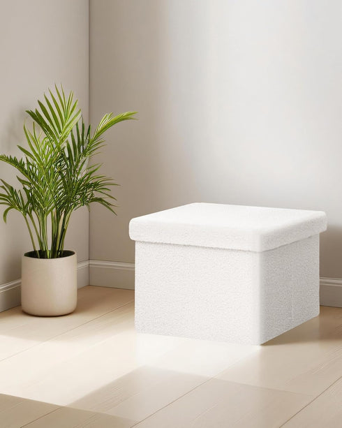 16.5"x12.6"x12.6" Small Ottoman with Storage, Sherpa Storage Ottoman Cube, Boucle Folding Foot Rest for Dorm, Living