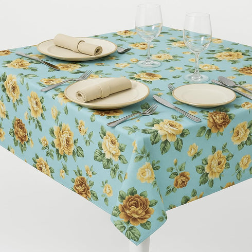 Sana Enterprises Tablecloth, Blue Floral, 60" x 118” Rectangle, Polyester Fabric, Stain and Wrinkle Resistant for
