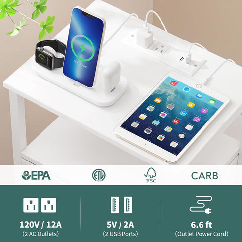 3-Tier Yoobure White Night Stand with Charging Station, LED Nightstand for Bedroom, Bedside Tables with Adjustable