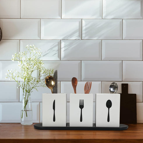 Kathfly 4 Pcs Silverware Caddy Utensil Holder for Countertop, Wood Tray Spoon Fork Holder for Kitchen Parties (White)