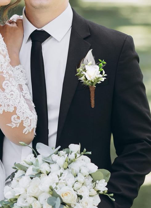 Rose Boutonniere for Men Wedding, Handmade White Corsage Feather Boutonniere for Formal Dinner Party Ceremony