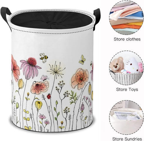 Summer Spring Wildflowers Laundry Hamper Basket, Colorful Floral Printing Collapsible Portable Laundry Bag, Garden