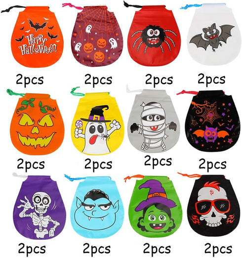 CCINEE 24pcs Drawstring Goody Bags - 12 Styles Halloween Treats Bags for Kids' Trick or Treat Party