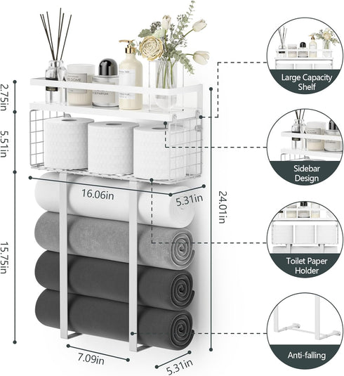 Towel Racks for Bathroom, Floating Shelves with Towel Rack and Paper Holder, Over Toilet Storage Basket, White