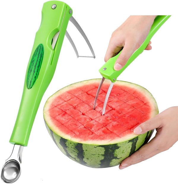 Premium 3 in 1 Watermelon Cutter Slicer Tool - Foldable Stainless Steel Fruit Cutter for Kitchen Gadgets