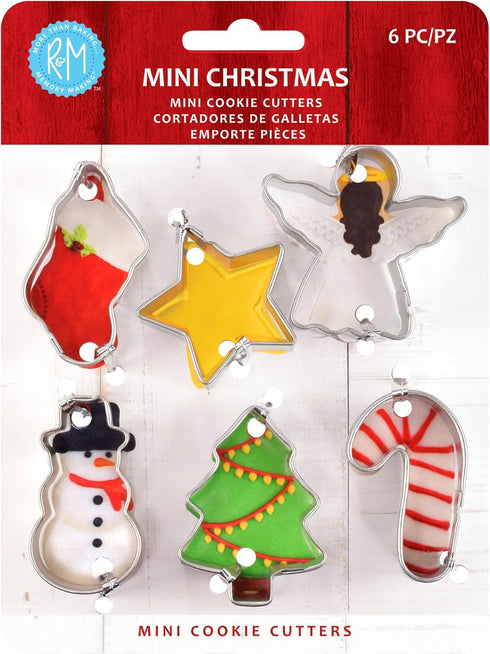 R&M International Mini Christmas Cookie Cutters, 6-Piece Set: Snowman, Stocking, Star, Candy Cane, Tree, Angel