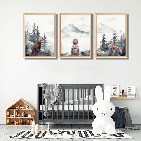 Generic 3Pcs (12x16 Boy Adventure Nursery Wall Art Woodland Animals Bear & Fox Wall Decor Picture Watercolor Mountain