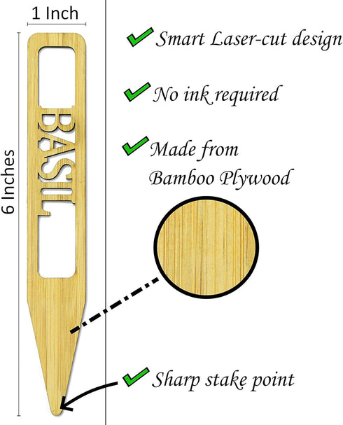 Vyperion 6" 1" Bamboo Plant Labels | Laser Cut x Weatherproof Plant Markers, Outdoor Plant Markers, Herb Garden Signs