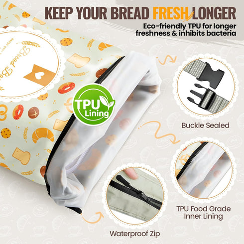2 Pack Bread Bags for Homemade Sourdough, Reusable Sourdough Storage Bags, Fresh Keeping with Lining & Zipper, Freezer