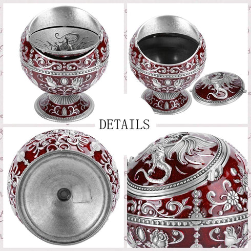 Vintage Windproof Ashtray with Lid, Metal Ball Cigarette Tabletop Ashtray in Wine Red Globe Fly Dragon Shape