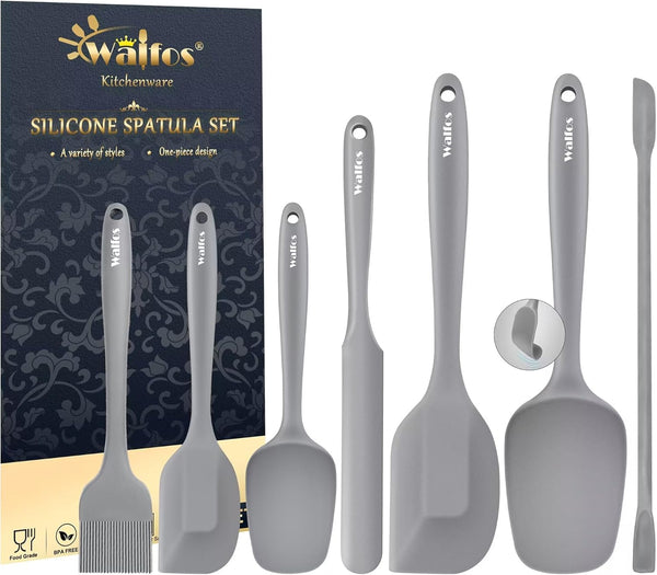 Walfos 7pcs Silicone Spatula Set - 600? Heat Resistant Scraper Spatulas with Stainless Steel Core, Gray