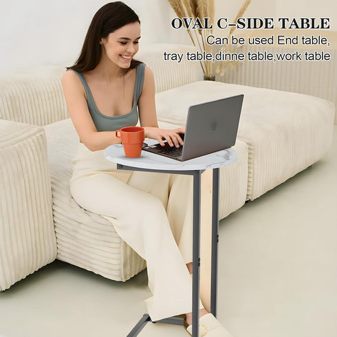 Katrawu C Shaped End Side Table, Small Oval Couch Sofa Table for Bed, Snack Side Table with Metal Frame, TV Tray Table