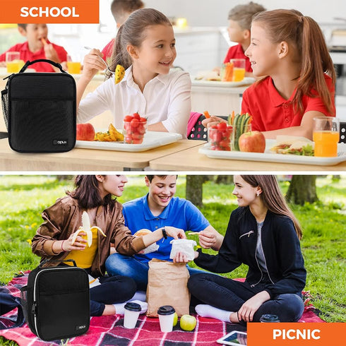 opux Premium Insulated Lunch Box, Soft Lunch Bag for Kids and Adults, Leakproof Black Cooler Tote