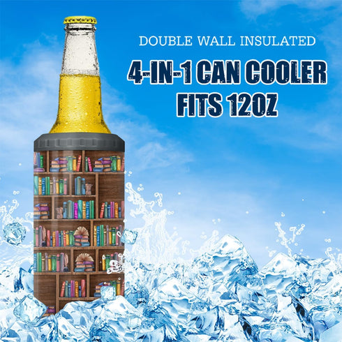 4 1 12oz Coozie SANDJEST Book Lovers Tumbler Bookshelf in Tumbler Can Cooler Skinny Stainless Steel Tumbler Gift